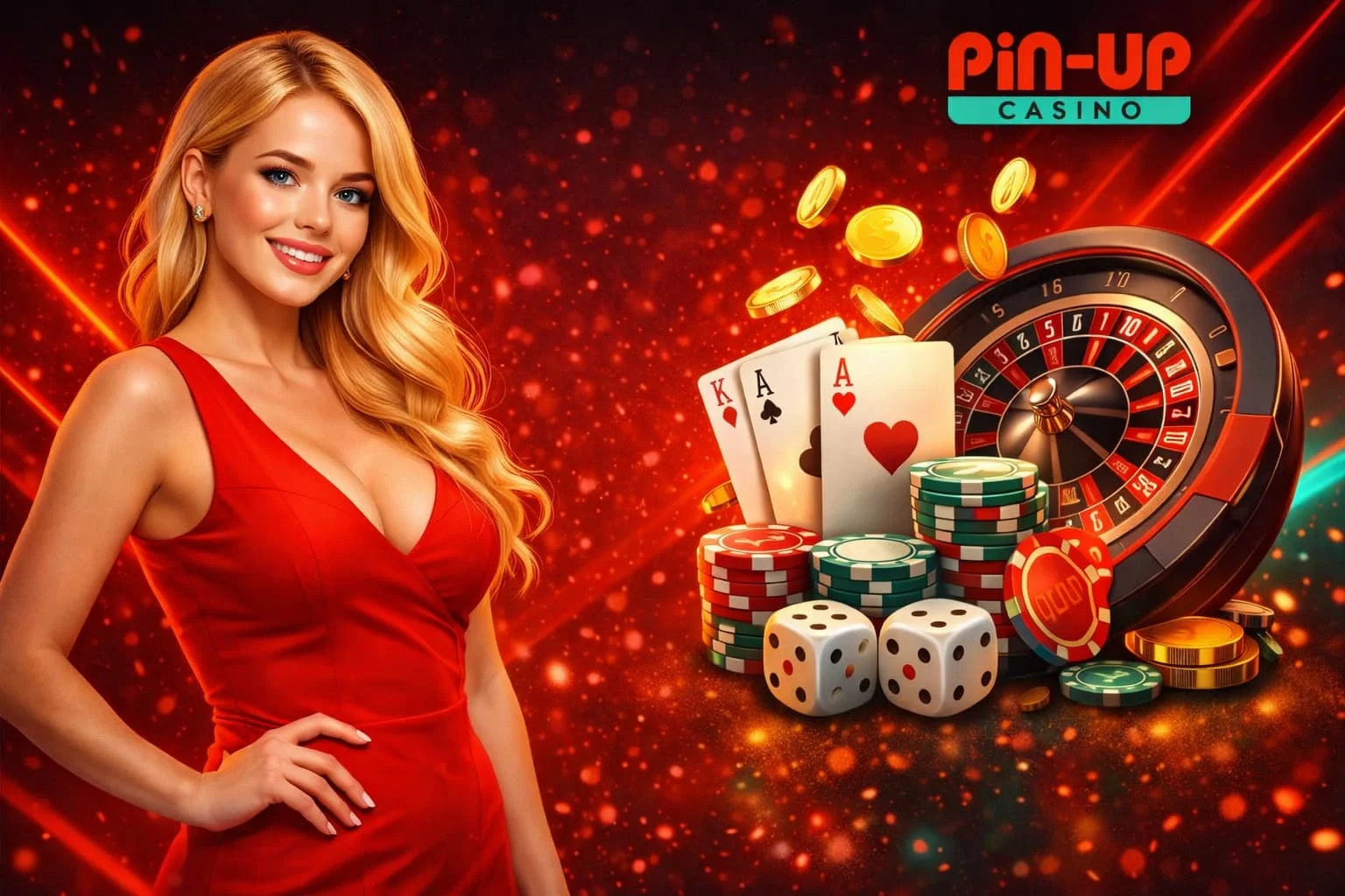 Mujer rubia con ruleta y cartas